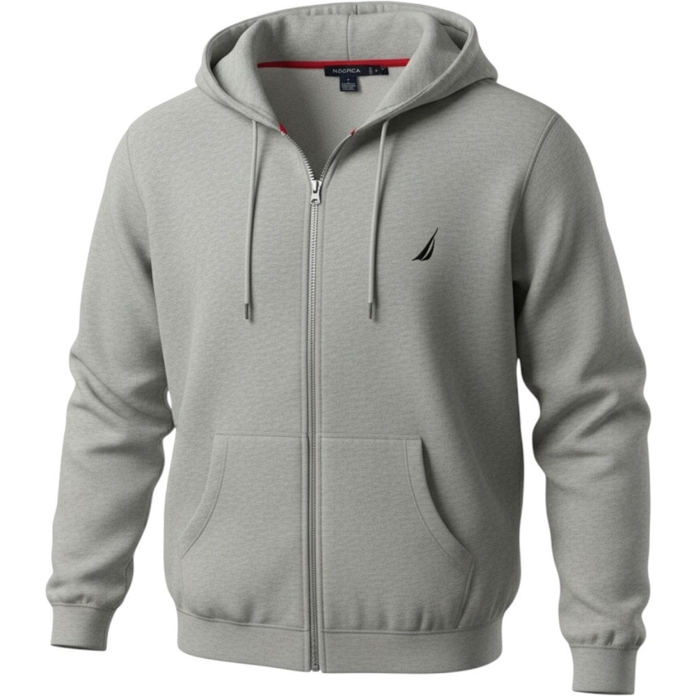 Nautica Mens Full Zip Fleece Hoodie Gray Drawstring Sweatshirt XL